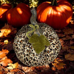 Leopard Print Pumpkin Decor Velvet Leaf Plastic Stem